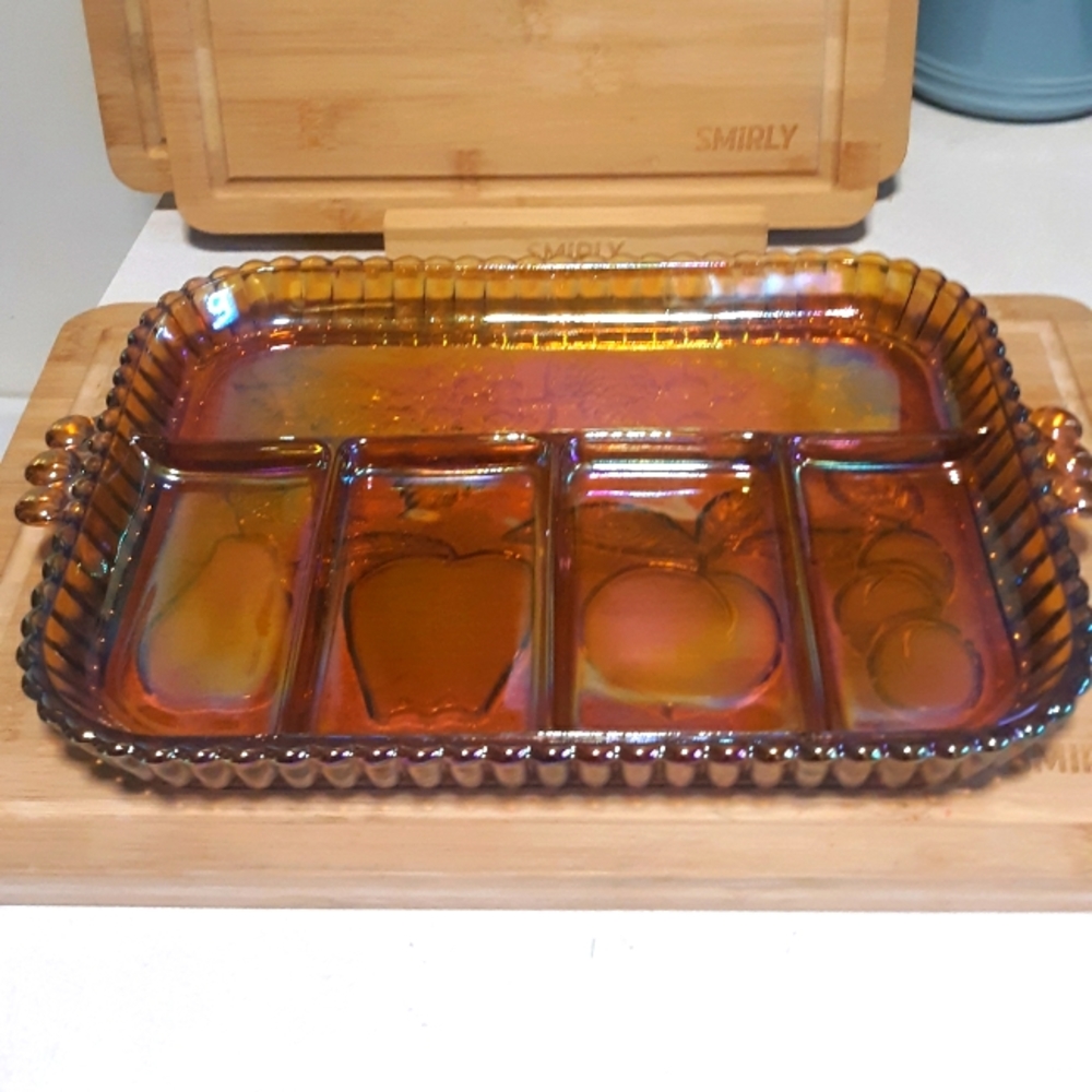 Vintage Carnival Glass Amber Iridescent Large Snack Relish Tray 12"x9" Heavy 4lb
